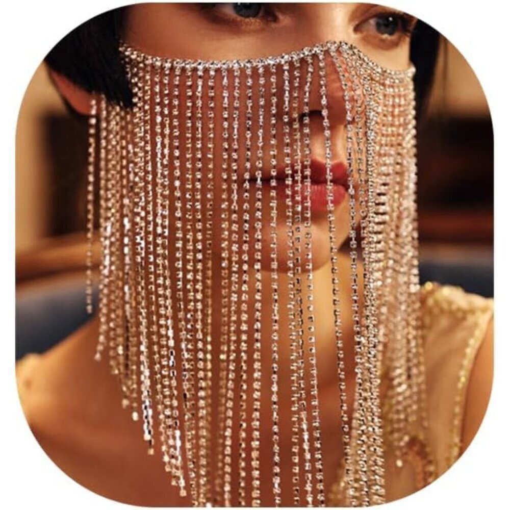 Rhinestone Tassel Face Chain Mask Silver Womens Festival Rave Costume Jewelry